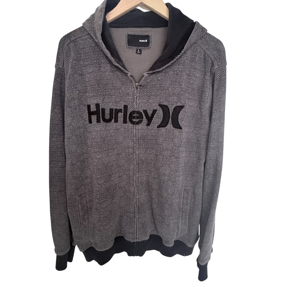 Hurley Mens Full Zip Fleece Jacket Gray Herringbone Logo Large